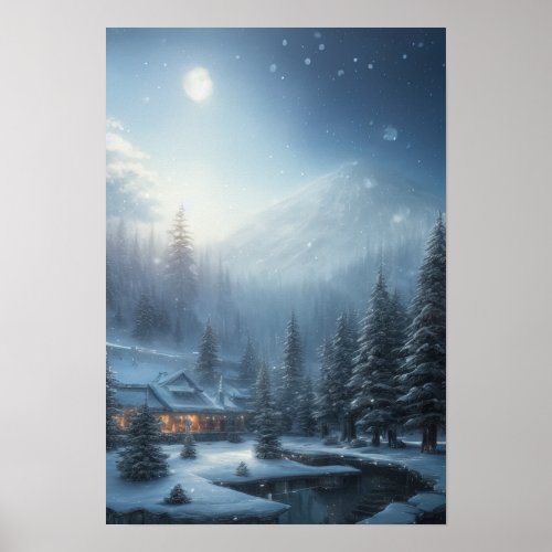 Snowy Winter Evening A Cozy House in the Forest Poster