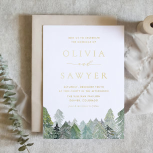 Snowy Winter Evergreen Forest QR Code Wedding Foil Invitation