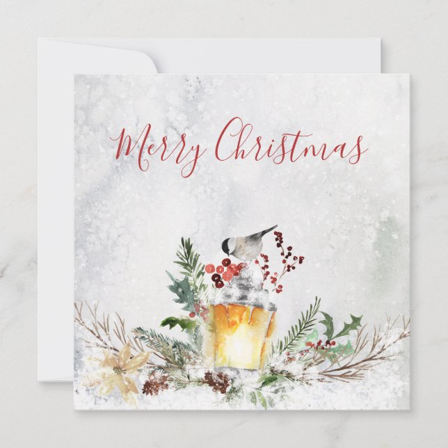 Snowy Winter Floral Lantern Bird Christmas Cards (Front)