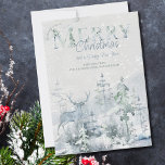 Snowy Winter Forest and Stag Merry Christmas Holiday Card<br><div class="desc">Personalized watercolor christmas card with snowy winter forest and stag in soft shades of blue and green. Wording reads "wishing you a merry christmas and a happy new year" and you can personalize the remaining text. Subtle and elegant watercolor design with decorative typography.</div>
