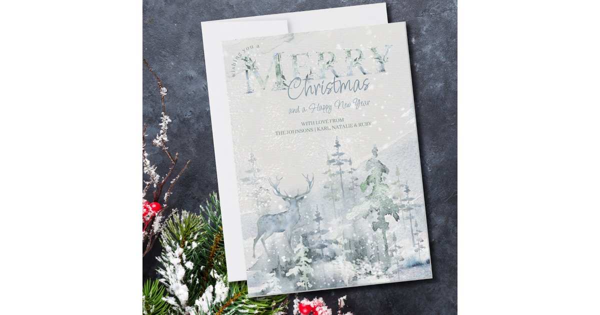 Snowy Winter Forest and Stag Merry Christmas Holiday Card | Zazzle