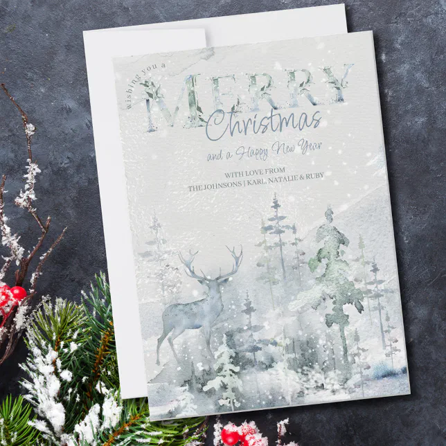 Snowy Winter Forest and Stag Merry Christmas Holiday Card | Zazzle