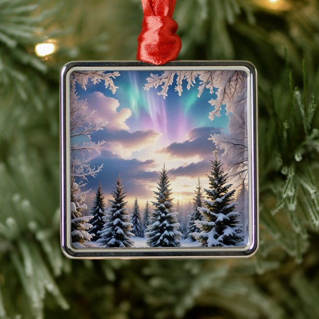 Snowy winter forest, ice crystals, northern lights metal ornament (Tree)