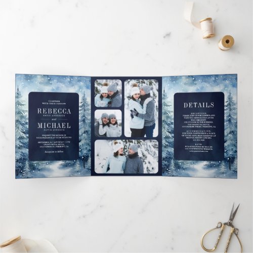  Snowy Winter Forest Photo Collage Navy Wedding Tri_Fold Invitation