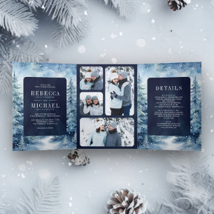 Snowy Winter Forest Photo Collage Navy Wedding Tri-Fold Invitation