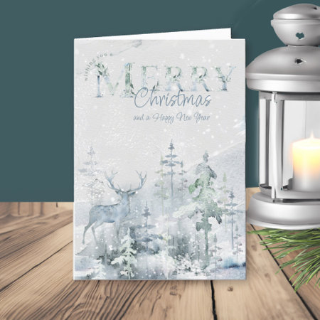 Snowy Winter Forest With Stag Merry Christmas Holiday Card