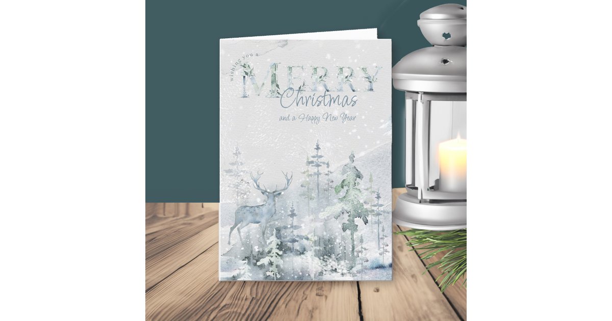 Snowy Winter Forest with Stag Merry Christmas Holiday Card | Zazzle