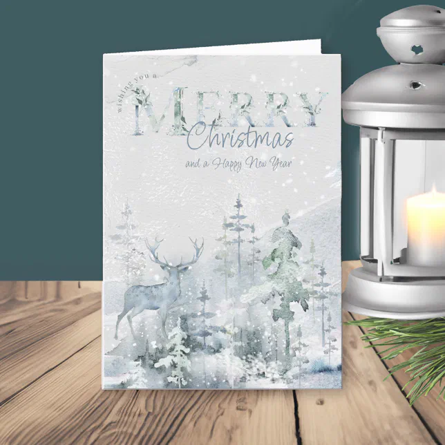 Snowy Winter Forest with Stag Merry Christmas Holiday Card | Zazzle