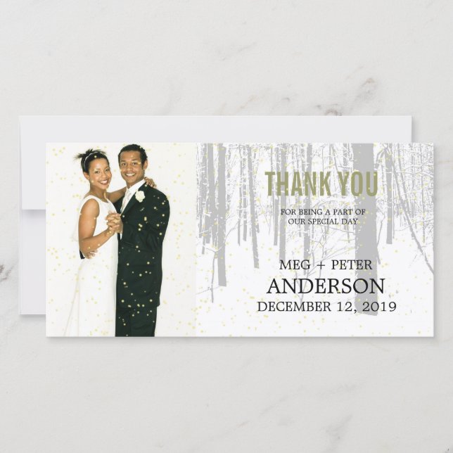 Snowy Winter Frosty Woods Wedding Photo Thank You Card (Front)