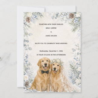 Snowy Winter Golden Retriever Wedding Invitation
