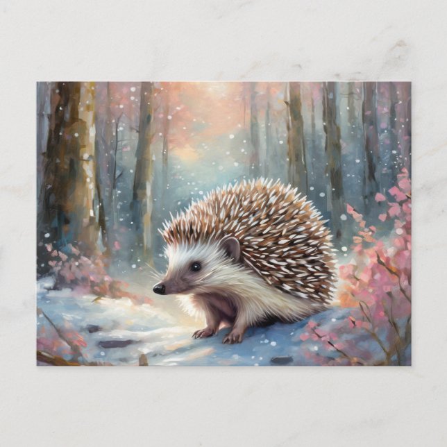 Snowy Winter Hedgehog Modern Art Postcard (Front)