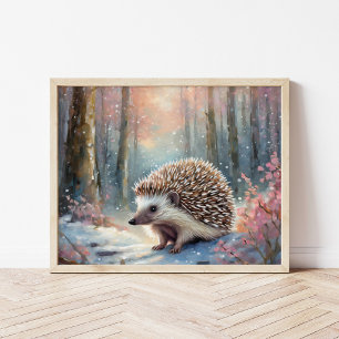 Snowy Winter Hedgehog Modern Art Poster