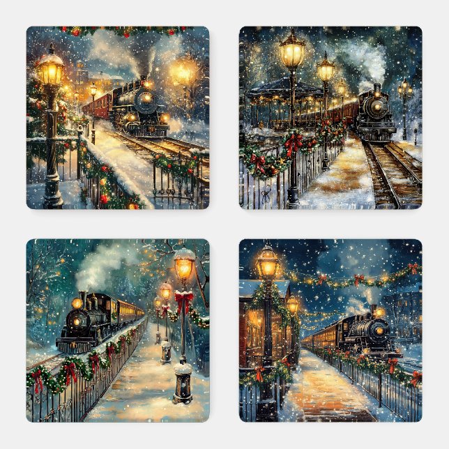 SNOWY WINTER HOLIDAY CHRISTMAS STEAM TRAIN COASTER SET (Set)