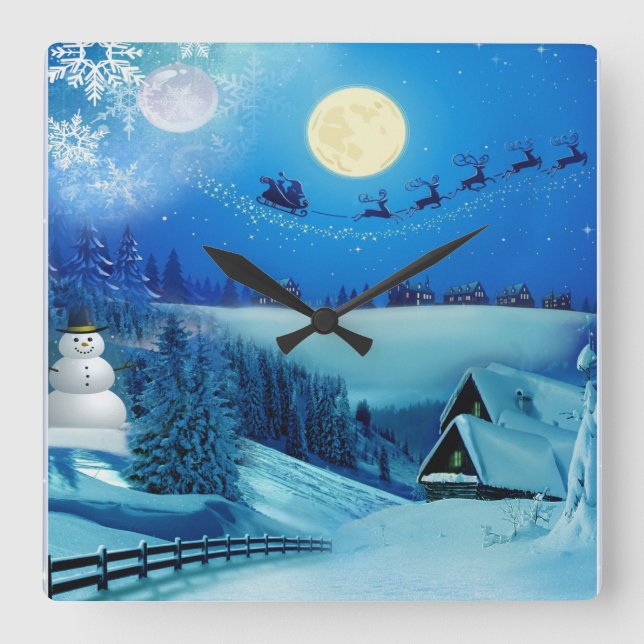 Snowy Winter Holiday Fantasy Square Wall Clock (Front)