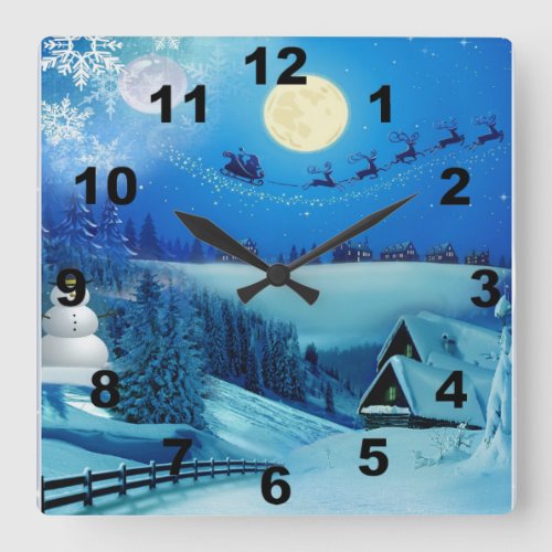 Snowy Winter Holiday Fantasy Square Wall Clock