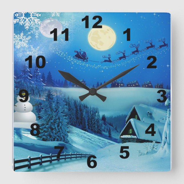 Snowy Winter Holiday Fantasy Square Wall Clock (Front)