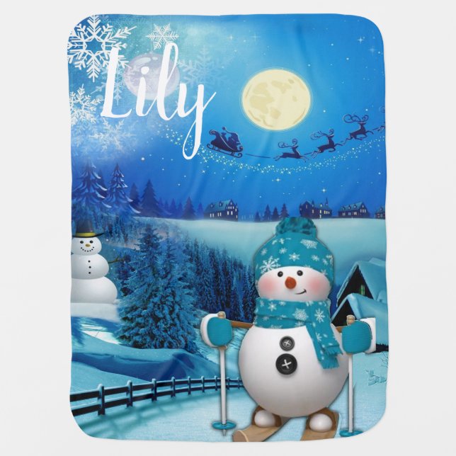 Snowy Winter Holiday skiing Snowman Baby Blanket (Front)