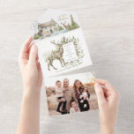 Snowy Winter House w/ Deer  | Photo Christmas Card<br><div class="desc">This beautiful Christmas card features a cozy house with snow on the ground and a cute snowman nearby. A deer stands in the snow in front of the house. In the center is a greeting you can change and a place for you to personalize with your name and the year....</div>