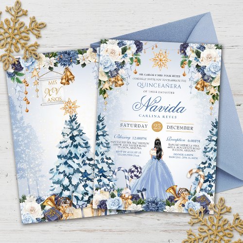 Snowy Winter Ice Blue and Gold Floral Quinceanera Invitation