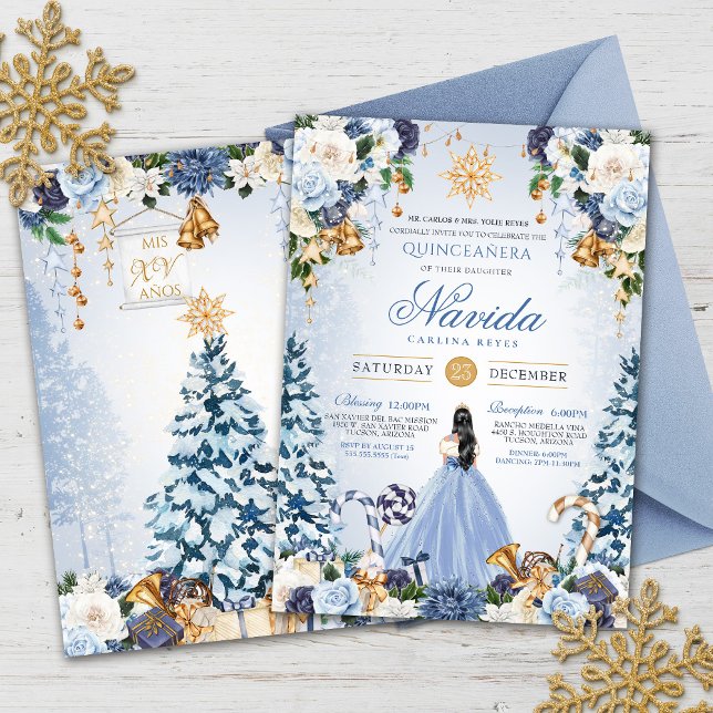 Snowy Winter Ice Blue and Gold Floral Quinceanera Invitation (Creator Uploaded)