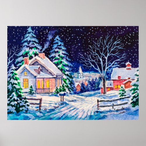 Snowy winter landscape Country House Christmas h Poster