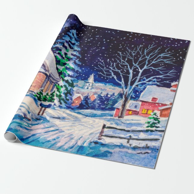 Snowy winter landscape. Country House. Christmas h Wrapping Paper (Unrolled)