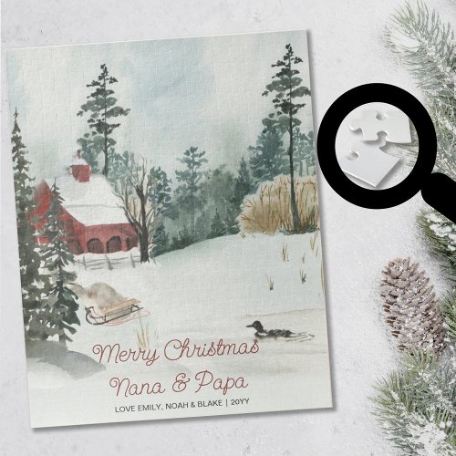 Snowy Winter Landscape Optional Text Watercolor Jigsaw Puzzle