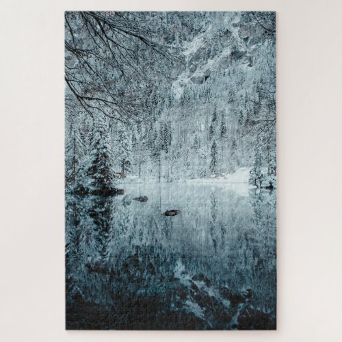 Snowy Winter Landscape Water Reflection Photo Jigsaw Puzzle