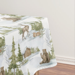Snowy Winter Log Cabin Woodland Animals Tablecloth