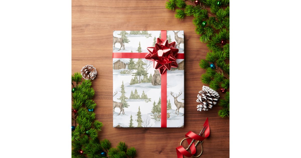 Log Pattern Wrapping Paper Snowy Winter Log Cabin | Woodland Animals Wrapping Paper | Zazzle