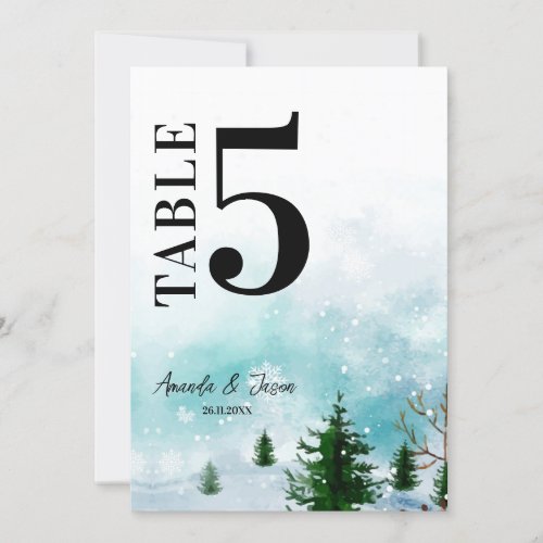 Snowy Winter Magic Blue Hues Wedding Table Number