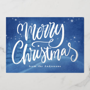 Snowy Winter Merry Christmas Silver Foil Holiday Card