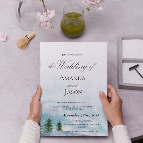 Snowy Winter Morning Blue Hues Wedding Invitation 