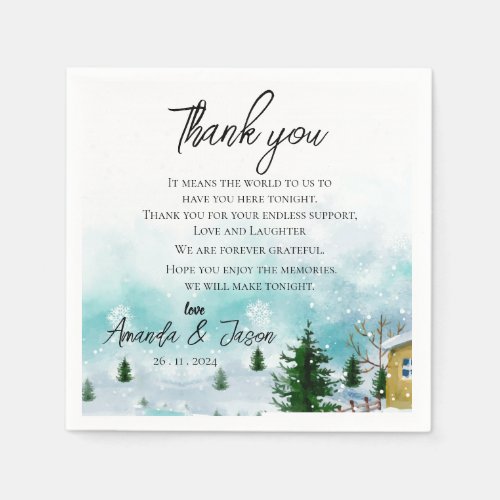 Snowy Winter Morning Wedding Thank you Message Napkins