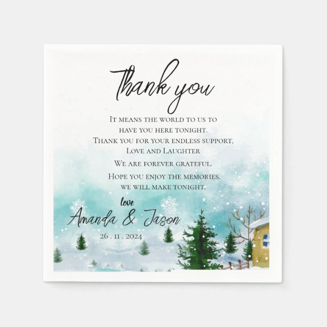 Snowy Winter Morning Wedding Thank you Message Napkins (Front)