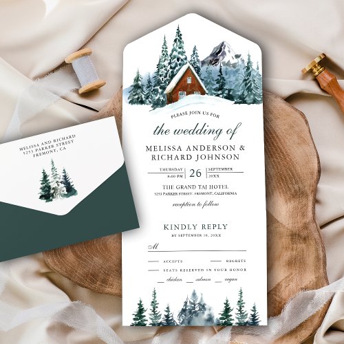 Snowy Winter Mountain Forest Cabin Lodge Wedding All In One Invitation