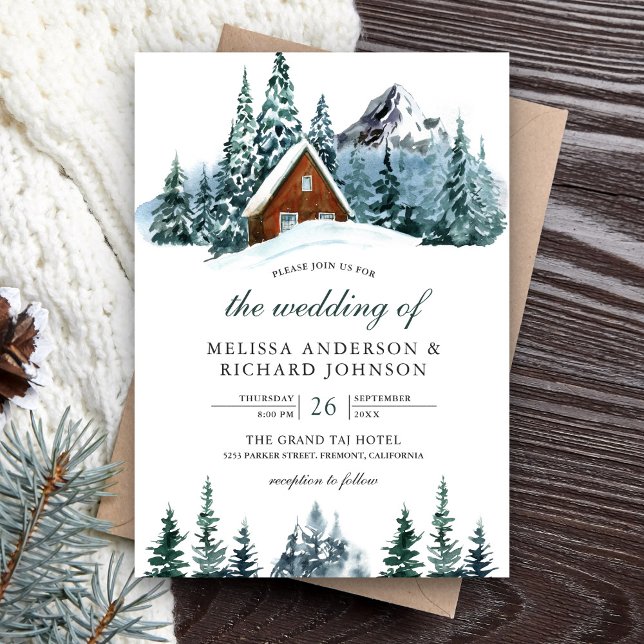 Snowy Winter Mountain Forest Cabin Lodge Wedding Invitation (Creator Uploaded)