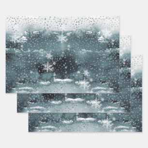 Snowy Winter Mountain Forest Silver Snowfall Wrapping Paper Sheets