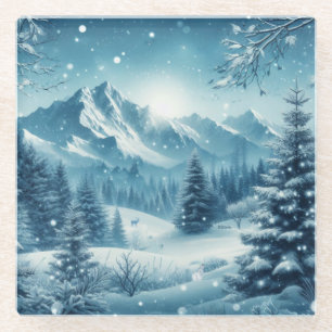 Snowy Winter Mountain Glass Coaster