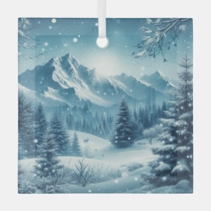 Snowy Winter Mountain Glass Ornament