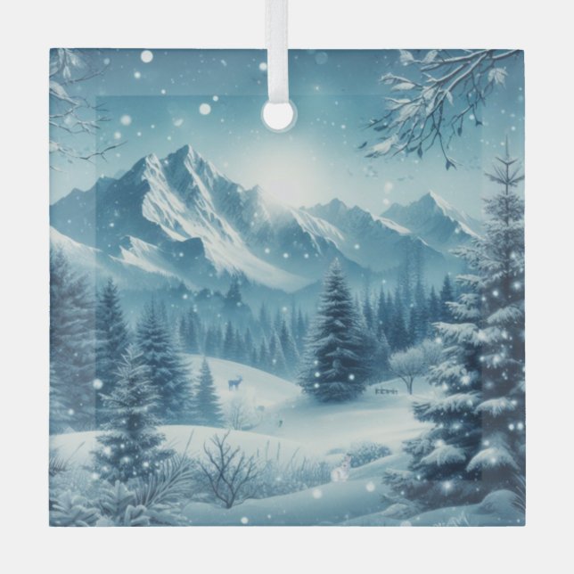 Snowy Winter Mountain Glass Ornament (Front)