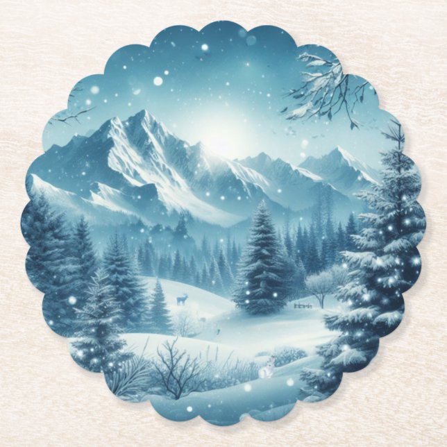 Snowy Winter Mountain Paper Coaster (Front)