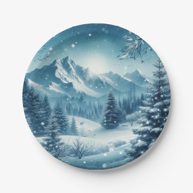 Snowy Winter Mountain Paper Plates (Front)