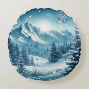 Snowy Winter Mountain Round Pillow
