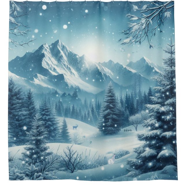 Snowy winter mountain shower curtain (Front)