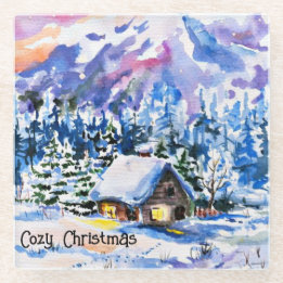 Snowy Winter Mountainside Cozy Christmas Glass Coaster