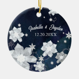 Snowy Winter Navy Blue Wedding Keepsake Ceramic Ornament