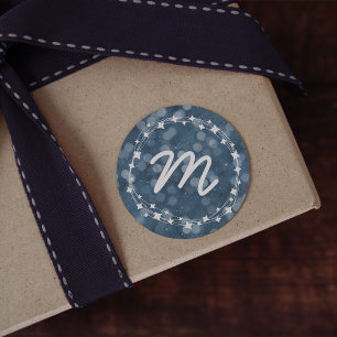 Snowy Winter Night Bokeh Holiday Monogram Classic Round Sticker