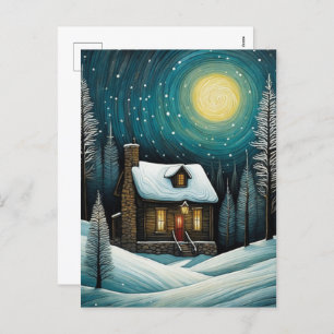 Snowy Winter Night Forest Cottage Christmas  Holiday Postcard