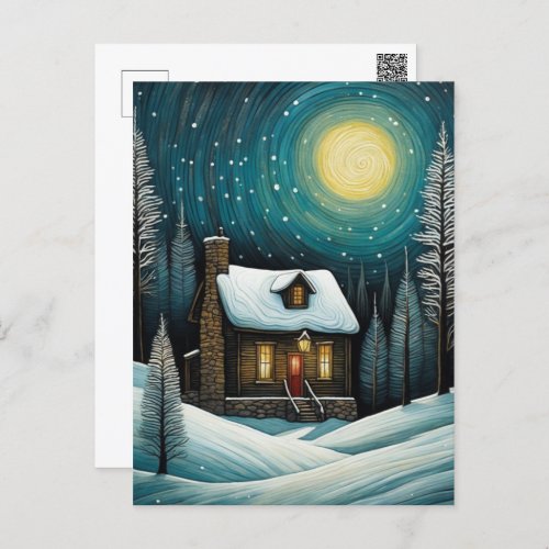 Snowy Winter Night Forest Cottage Christmas  Holiday Postcard
